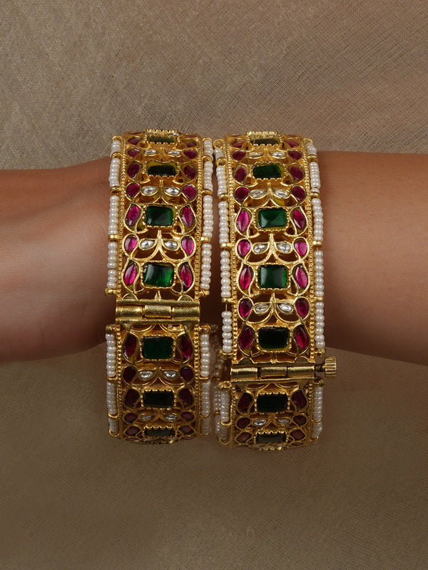 Multicolor Gold Plated Jadau Kundan Bangles (One Pair) - MB233M