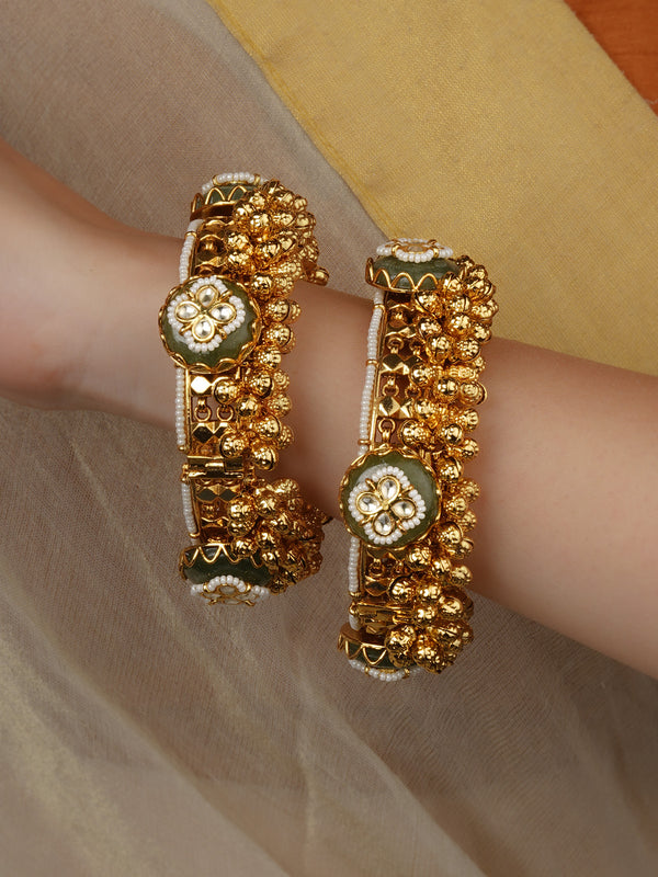 Green Color Gold Plated Jadau Kundan Bangles (One Pair) - MB236