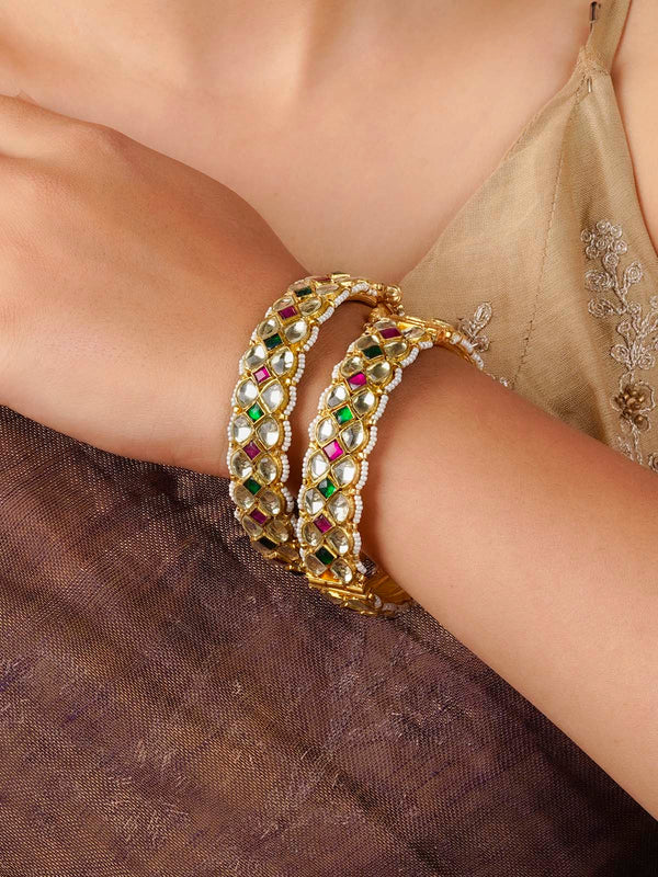 Multicolor Gold Plated Jadau Kundan Bangles - MB36M