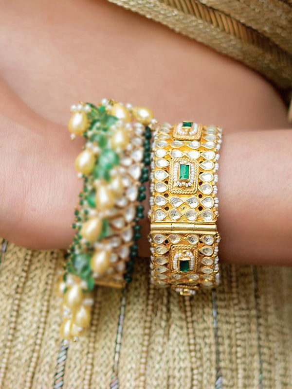 Green Color Gold Plated Jadau Kundan Bangles - MB46GR