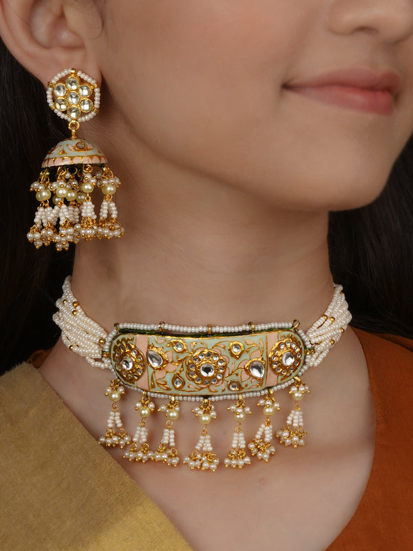 Gold Plated Jadau Kundan Necklace Set - MBD71