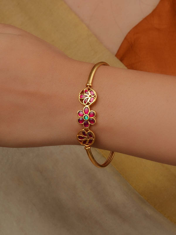Multicolor Gold Plated Jadau Kundan Bracelet (1 Piece) - MBRAC35PGR