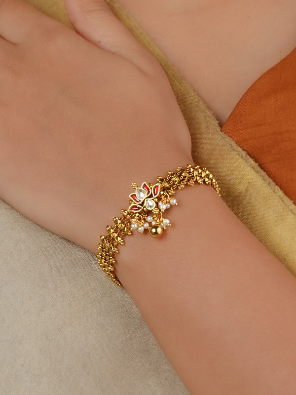 Red Color Gold Plated Jadau Kundan Bracelet (1 Piece) - MBRAC42YR