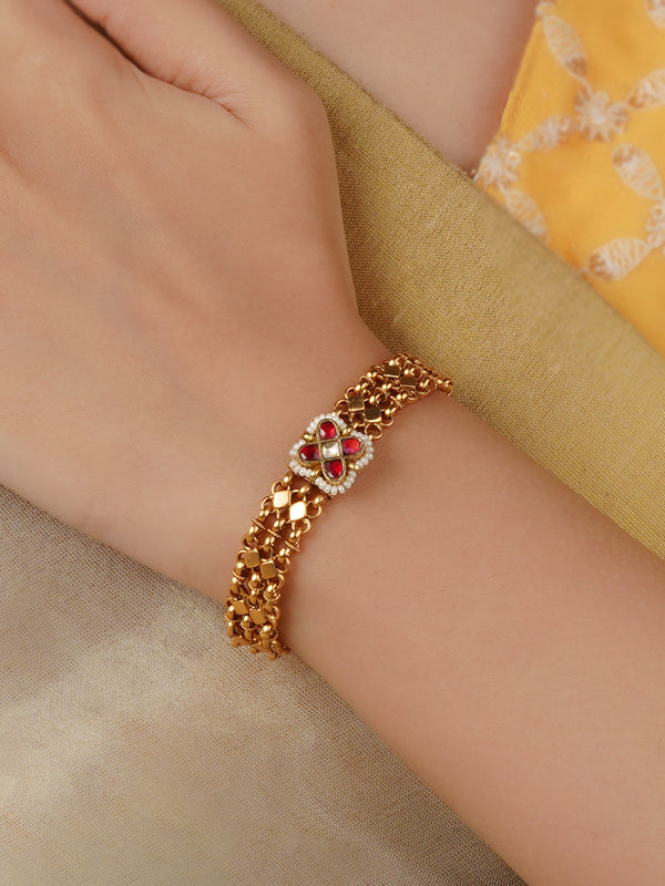 Red Color Gold Plated Jadau Kundan Bracelet (1 Piece) - MBRAC43R