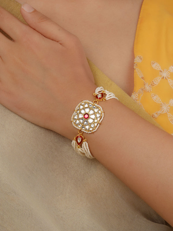 Red Color Gold Plated Jadau Kundan Bracelet (1 Piece) - MBRAC6WR