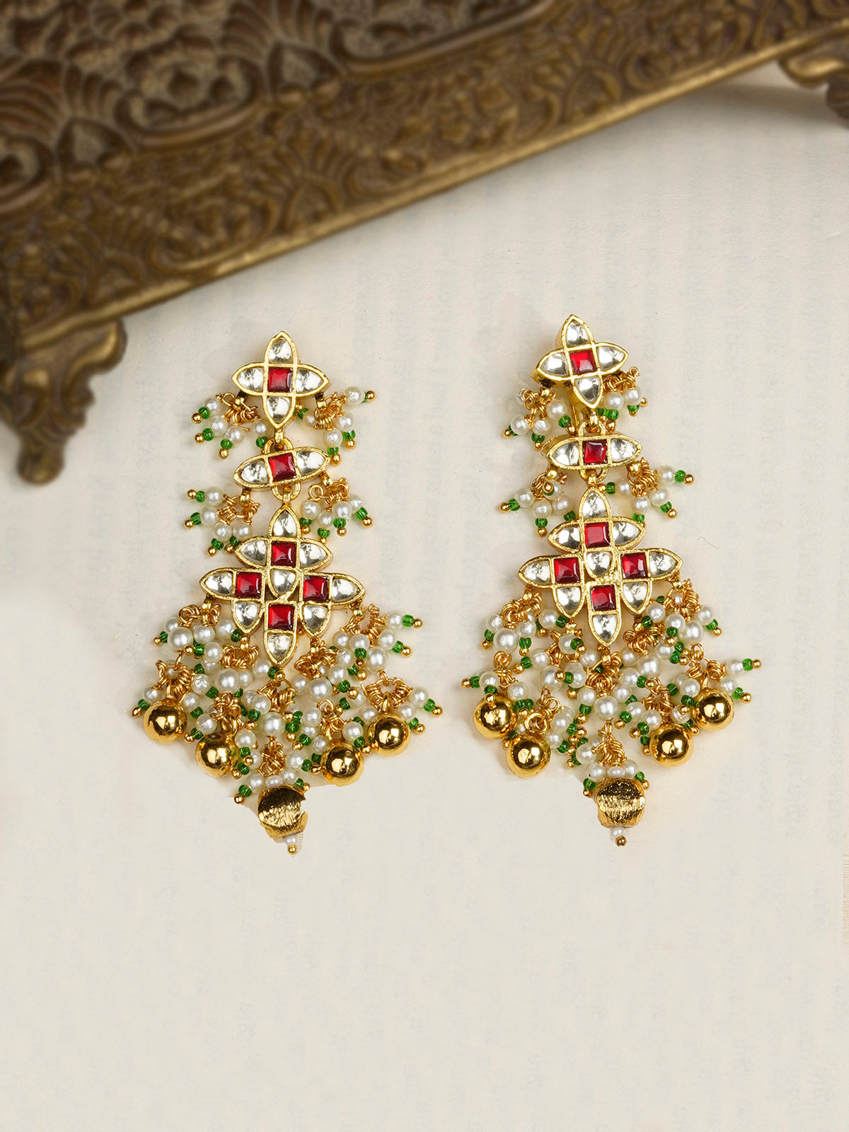 ME1086YR - Red Color Gold Plated Jadau Kundan Earrings