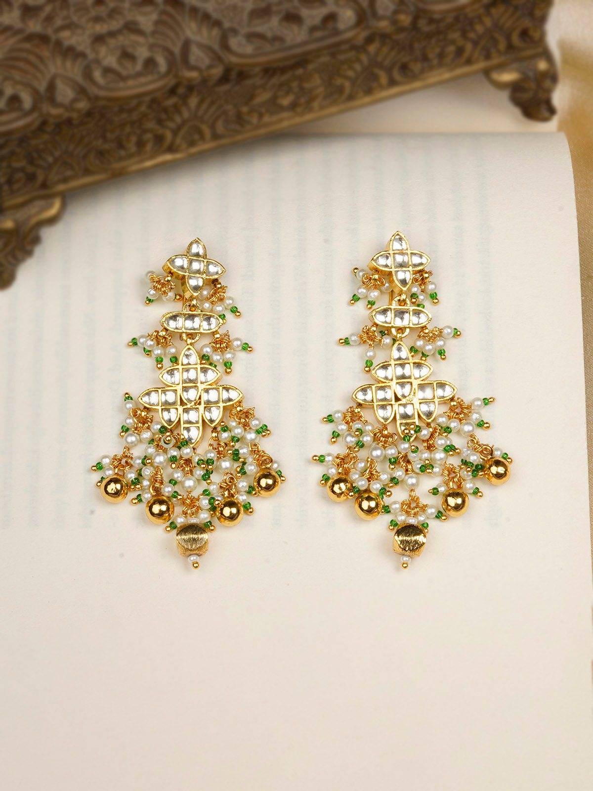 ME1086Y - Green Color Gold Plated Jadau Kundan Earrings