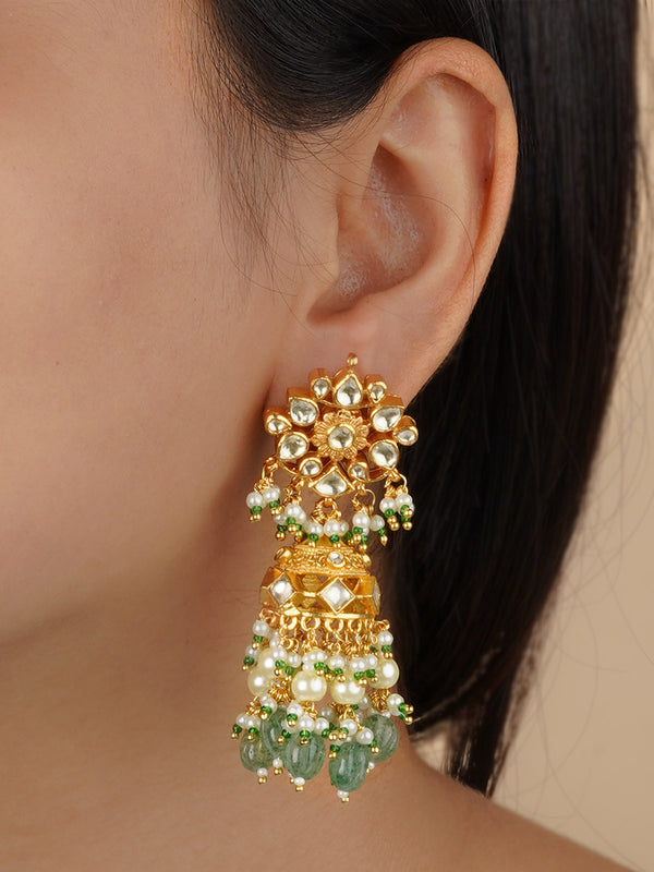 ME1130Y - Green Color Gold Plated Jadau Kundan Earrings