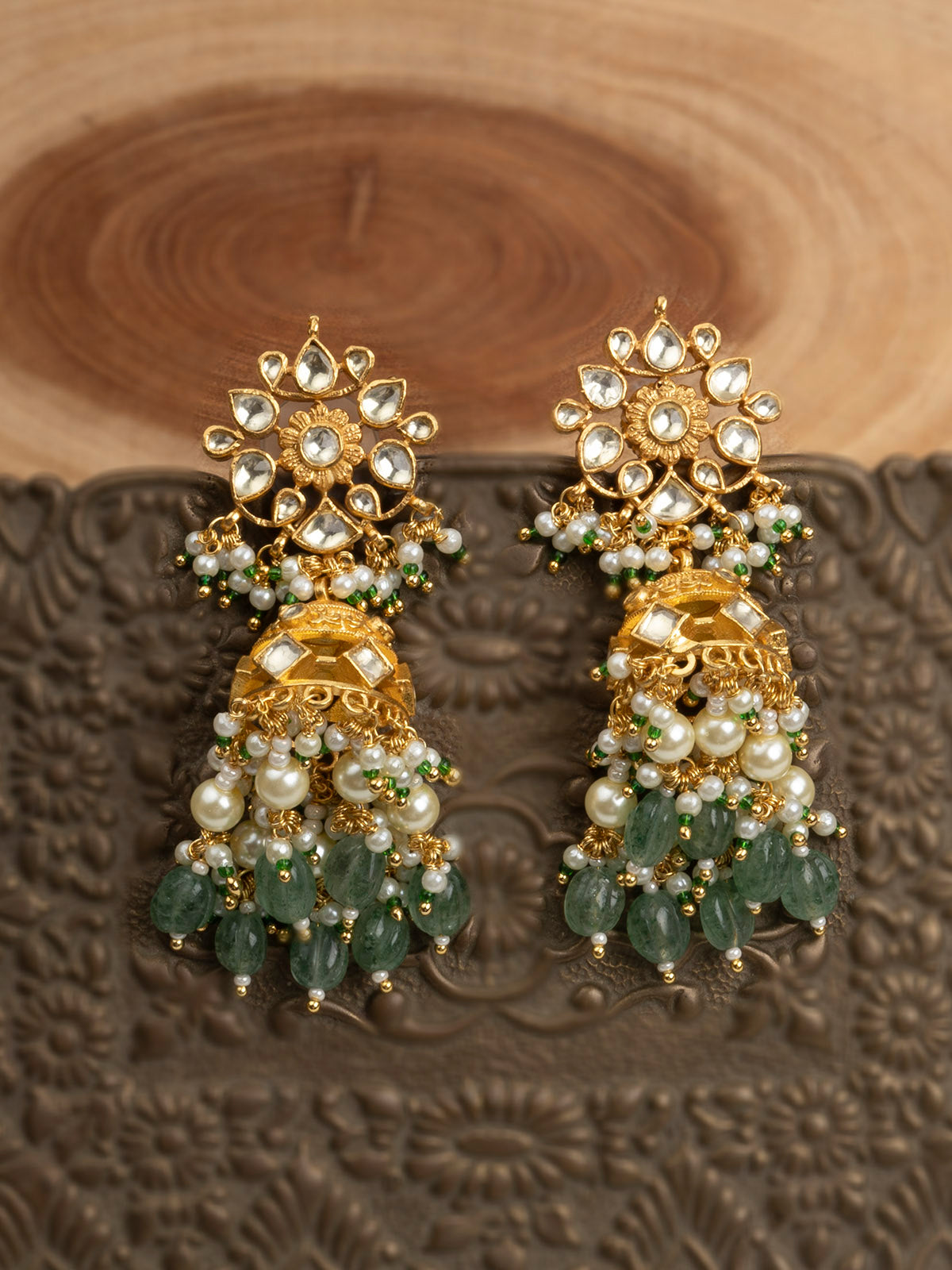 ME1130Y - Green Color Gold Plated Jadau Kundan Earrings