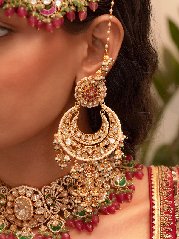 Pink Color Gold Plated Jadau Kundan Earrings (Matsya Chandbali) - ME1190WP