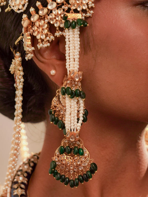 Green Color Gold Plated Jadau Kundan Earrings - ME1203