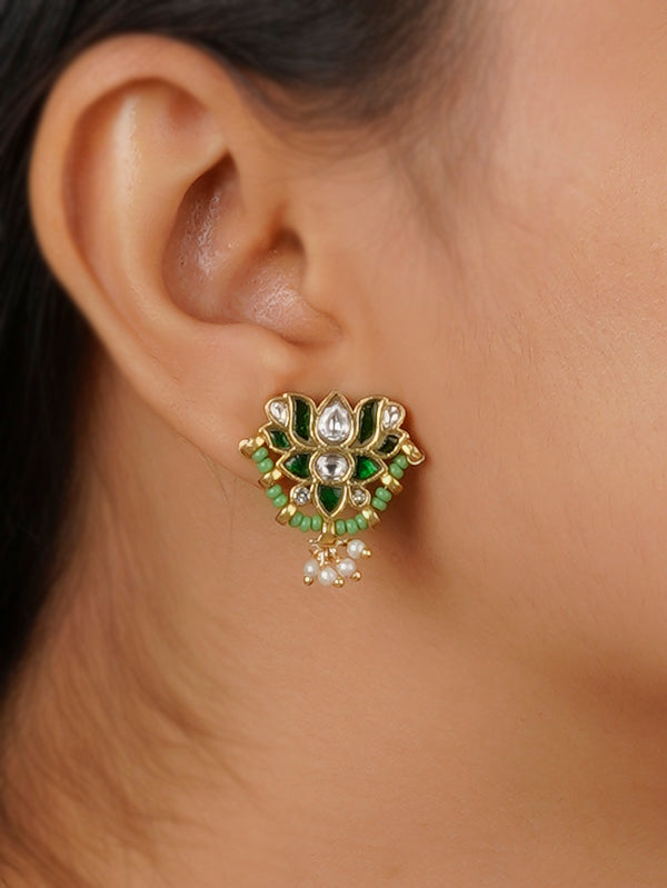 ME1209WGR - Green Color Gold Plated Jadau Kundan Earrings