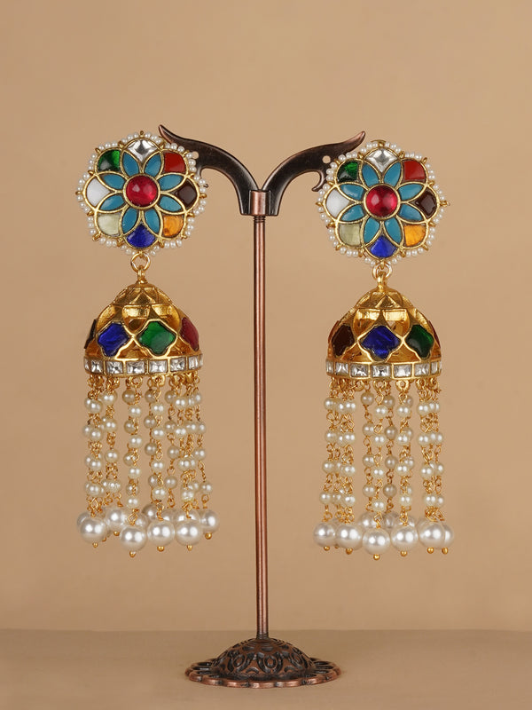 ME1214N - Navratna Color Gold Plated Jadau Kundan Earrings