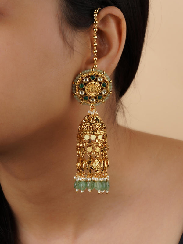 ME1226YGR - Green Color Gold Plated Jadau Kundan Earrings
