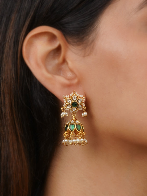 ME1266WGR - Green Color Gold Plated Jadau Kundan Earrings