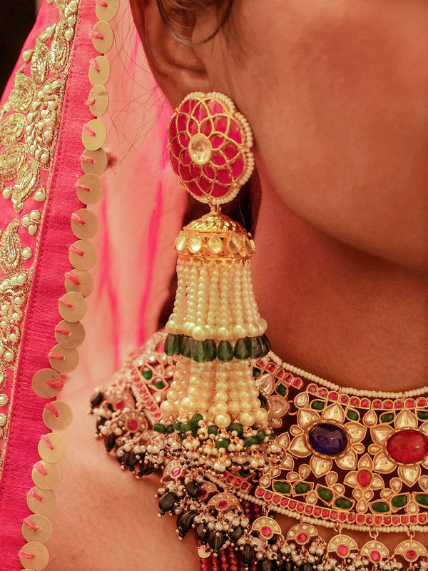 Pink Color Gold Plated Jadau Kundan Earrings - ME1274P