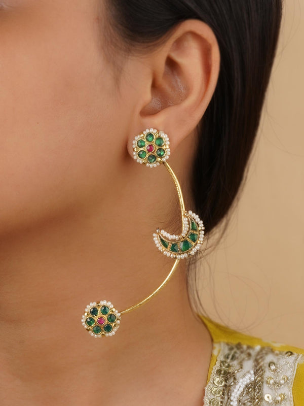 Green Color Gold Plated Jadau Kundan Earrings - ME1435
