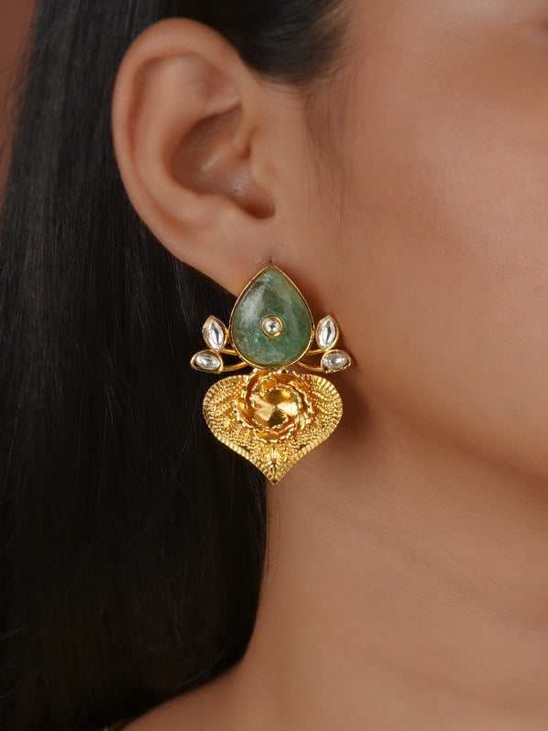 Green Color Gold Plated Jadau Kundan Earrings - ME1464