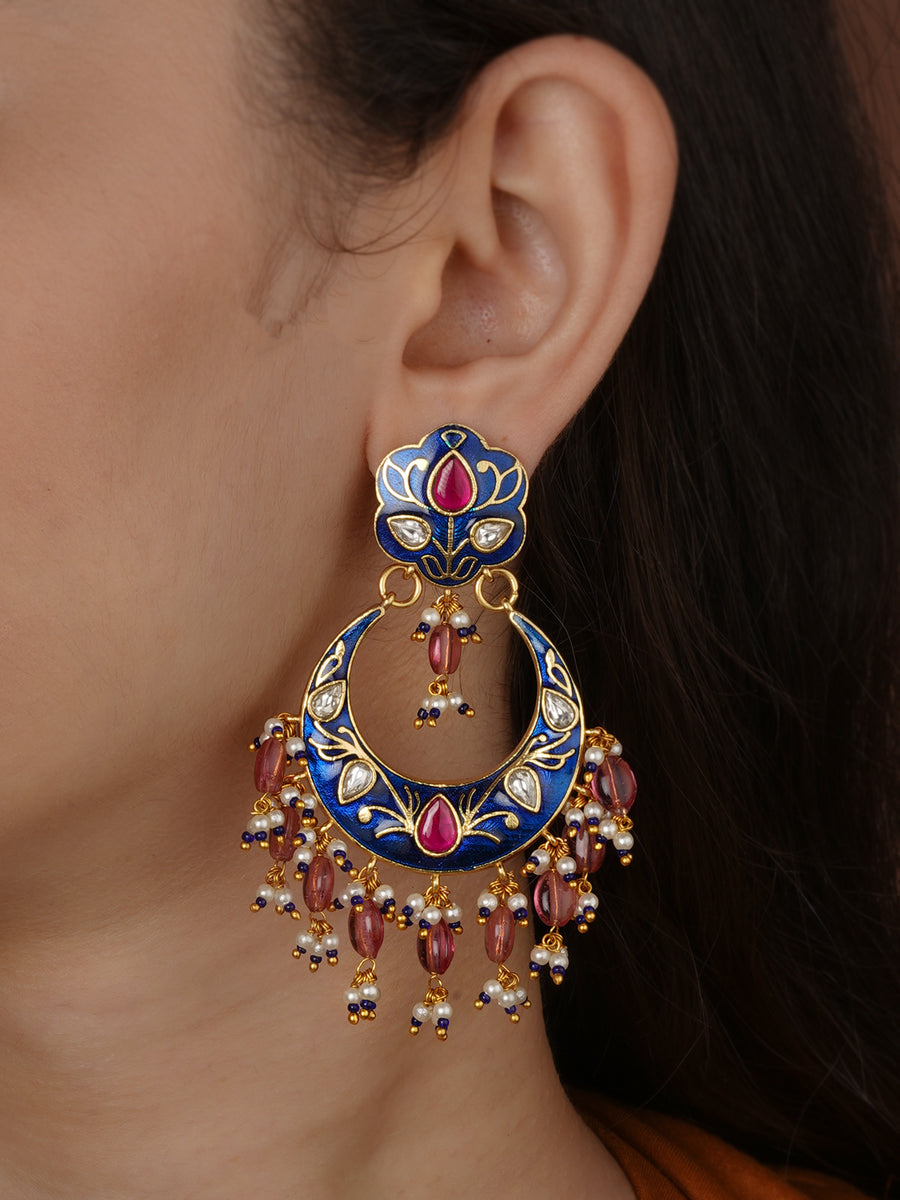 Gold-plated Earrings with Kundan (silver-foiled) stone and Flower motif