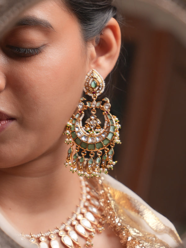 Green Color Gold Plated Jadau Kundan Earrings - ME1532M