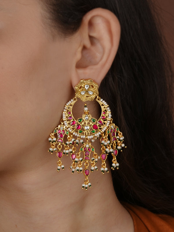 Multicolor Gold Plated Jadau Kundan Earrings - ME1555M