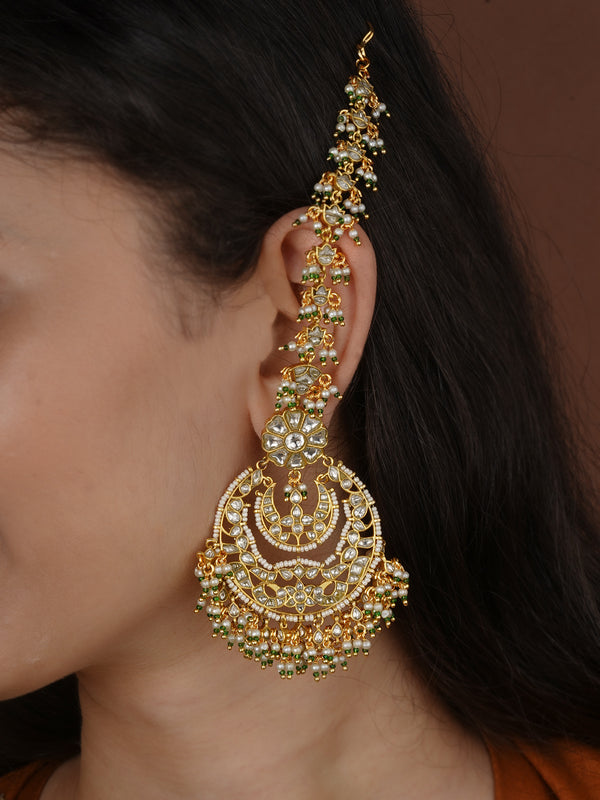 Green Color Gold Plated Jadau Kundan Earrings - ME1556W