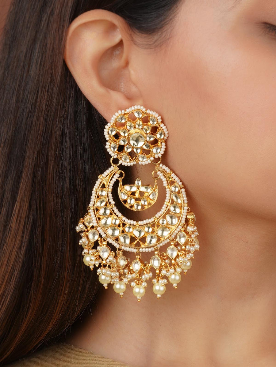Gold-plated Earrings with Kundan (silver-foiled) stone and Moon motif
