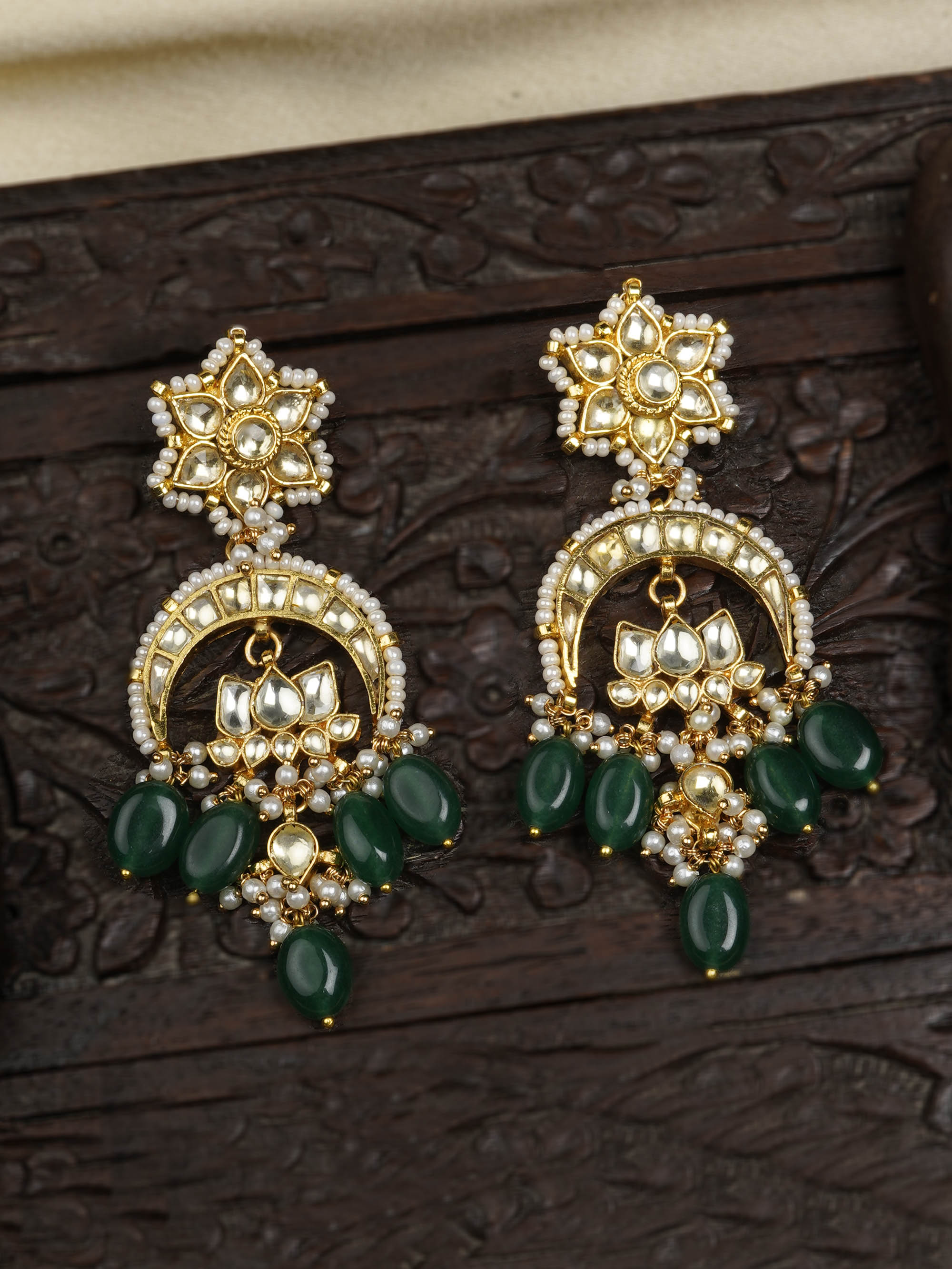 ME700YGR - Green Color Gold Plated Jadau Kundan Earrings