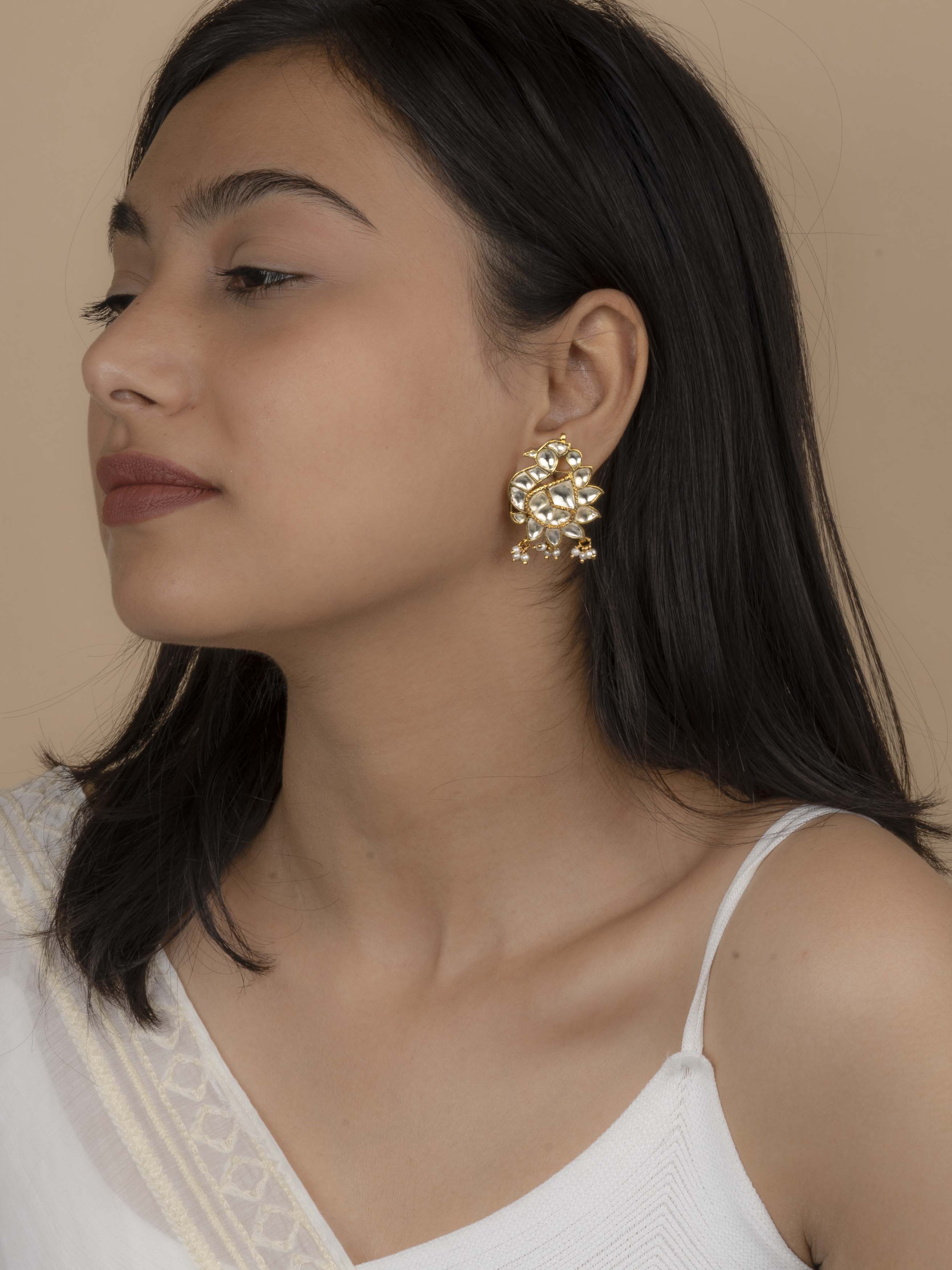 ME751Y - White Color Gold Plated Jadau Kundan Earrings