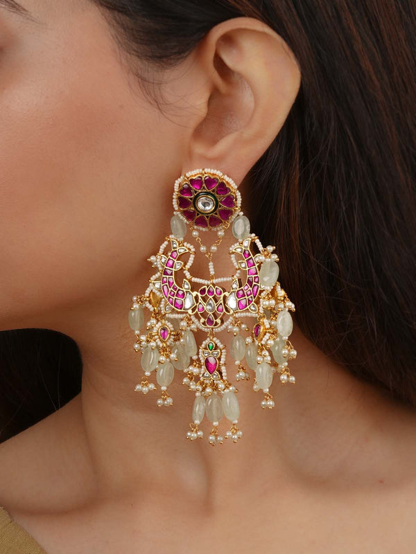 Pink Color Gold Plated Jadau Kundan Earrings - ME774YR
