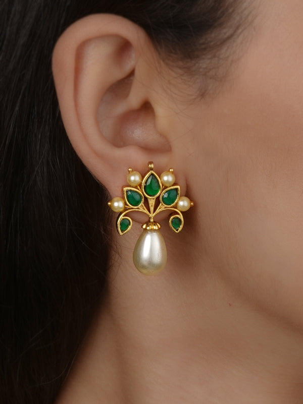 Green Color Gold Plated Jadau Kundan Earrings - ME979GRA