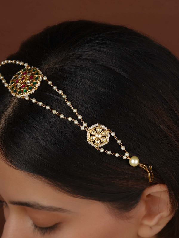 Multicolor Gold Plated Jadau Kundan Sheeshphool - MHA136M