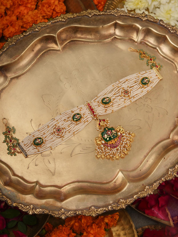 Multicolor Gold Plated Jadau Kundan Mathapatti - MHA201M