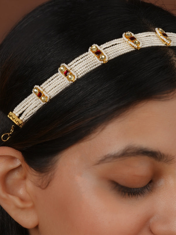 Red Color Gold Plated Jadau Kundan Sheeshphool - MHA235YR