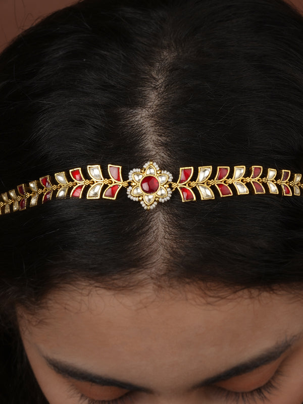 Red Color Gold Plated Jadau Kundan Sheeshphool - MHA239YR