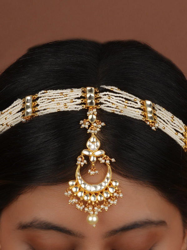 White Color Gold Plated Jadau Kundan Mathapatti - MHA50YC