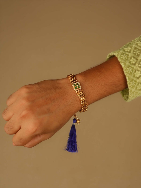 MHP131GR - Green Color Gold Plated Jadau Kundan Rakhi Bracelet