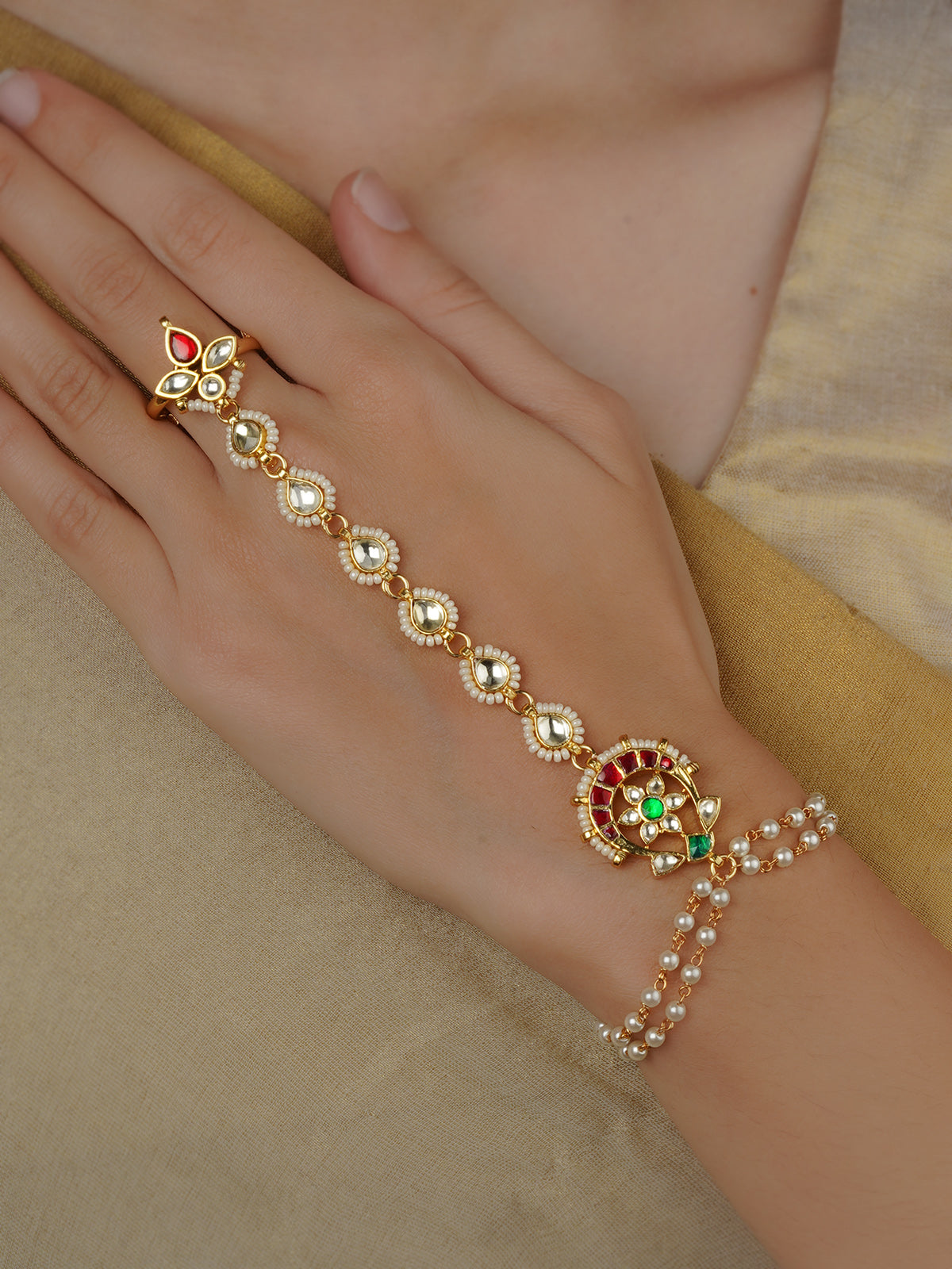 Multicolor Gold Plated Jadau Kundan Hathphool (1 Piece) - MHP150M ...