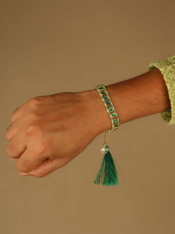 MHP225GR - Green Color Gold Plated Jadau Kundan Rakhi Bracelet