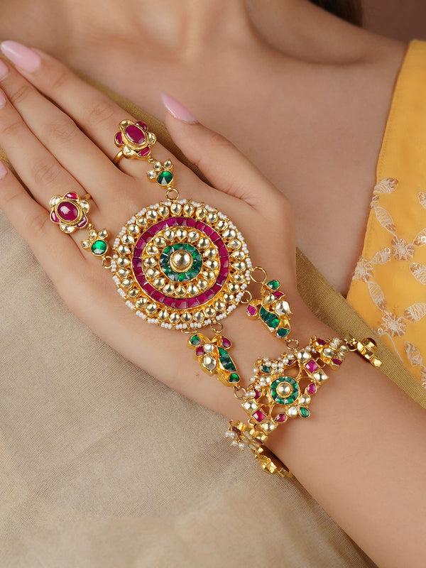 Multicolor Gold Plated Jadau Kundan Haathphool - MHP22M