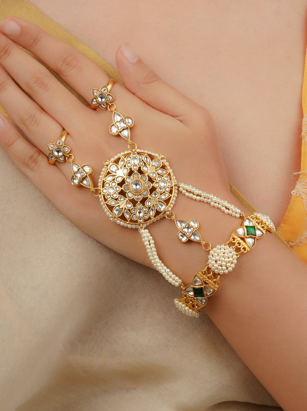 Green Color Gold Plated Jadau Kundan Hathphool (1 Piece) - MHP265Y