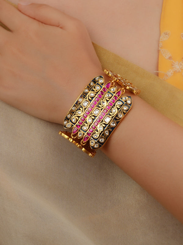 Multicolor Gold Plated Jadau Kundan Bracelet (1 Piece) - MHP266BL