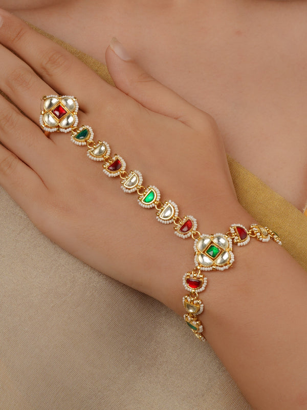 Mulitcolor Gold Plated Jadau Kundan Hathphool (1 Piece) - MHP279M