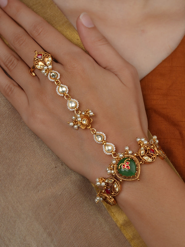 Multicolor Gold Plated Jadau Kundan Hathphool (1 Piece) - MHP285M