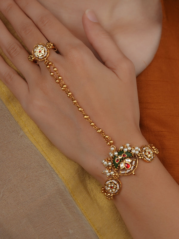 Multicolor Gold Plated Jadau Kundan Hathphool (1 Piece) - MHP287M