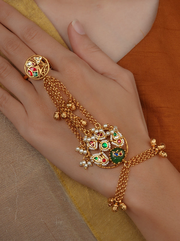 Multicolor Gold Plated Jadau Kundan Hathphool (1 Piece) - MHP288M
