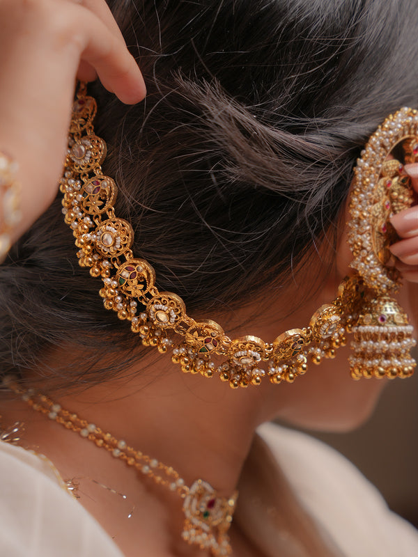 Multicolor Gold Plated Jadau Kundan Earchains - MKS107M