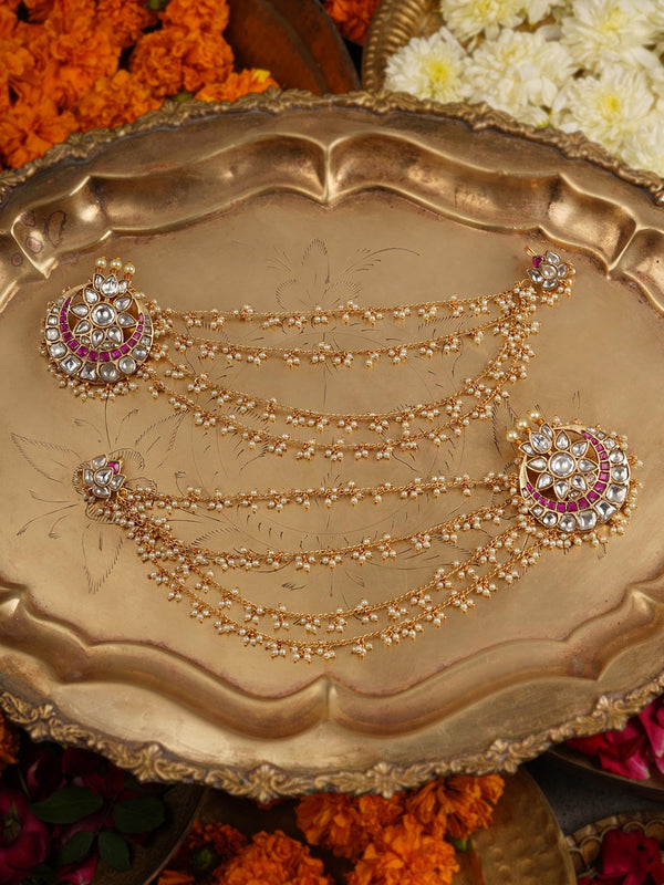 Pink Color Gold Plated Jadau Kundan Earchains - MKS63