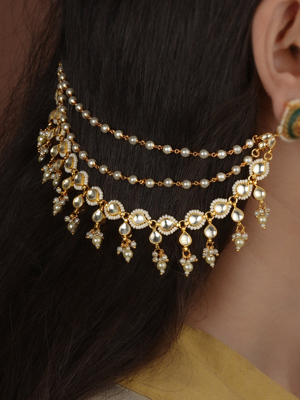 White Color Gold Plated Jadau Kundan Earchains - MKS69Y