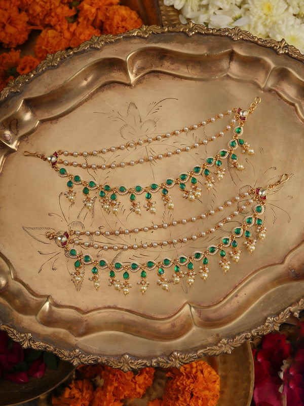 Green Color Gold Plated Jadau Kundan Earchains - MKS70